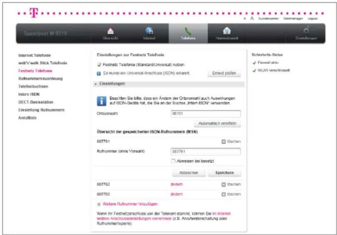 T-Mobile Speedport W 921V - Einstellungen für einzelne Rufnummern. - 1