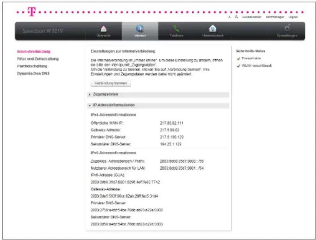 T-Mobile Speedport W 921V - IP-Adressinformationen. - 1