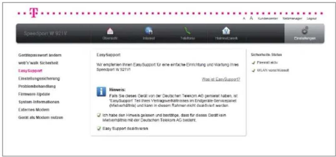 T-Mobile Speedport W 921V - Hinweis: In den Werkseinstellungen ist EasySupport aktiviert! - 1