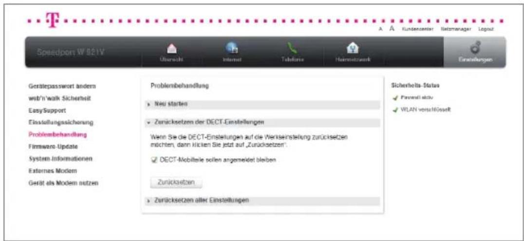 T-Mobile Speedport W 921V - Zurücksetzen der DECT-Einstellungen. - 1