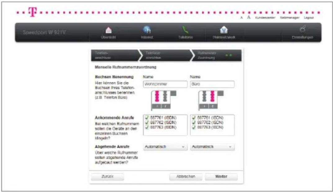 T-Mobile Speedport W 921V - Manuelle Rufnummernzuordnung bei Festnetz-Anschluss (Universal). - 2