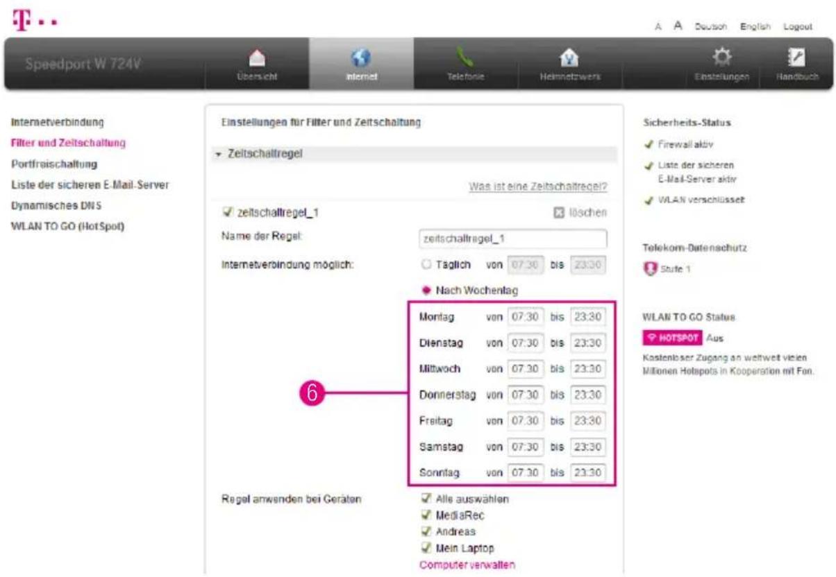 T-Mobile Speedport W 724V - Zeitschaltung für WLAN einstellen (Fortsetzung) - 1