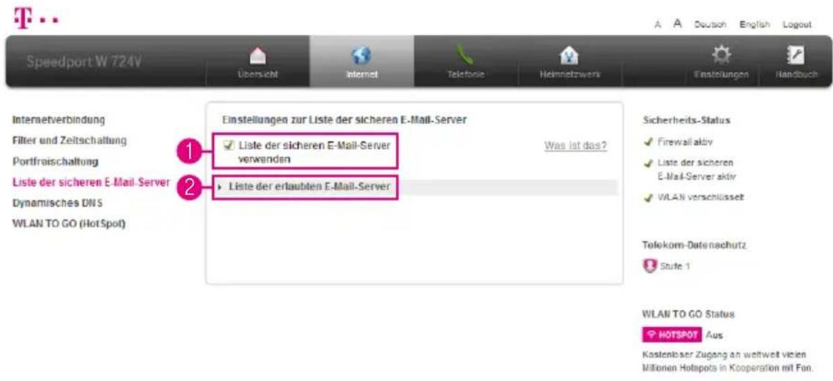 T-Mobile Speedport W 724V - Liste der sicheren E-Mail-Server verwenden - 1