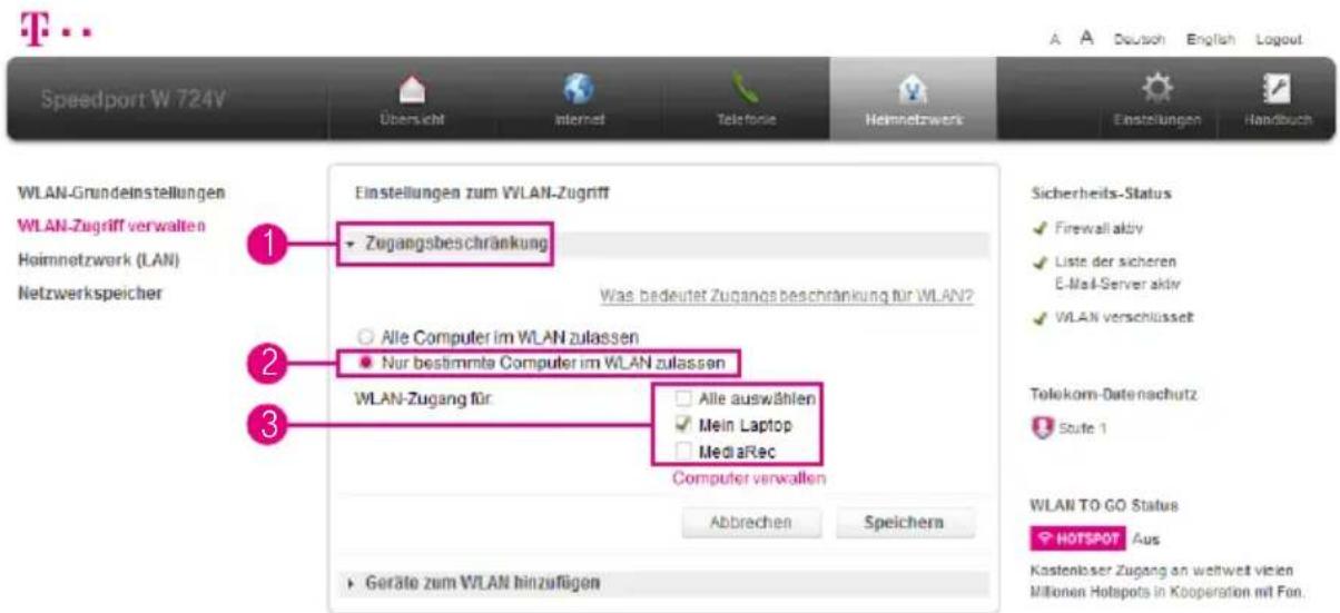 T-Mobile Speedport W 724V - WLAN-Zugangsbeschränkung einstellen - 1