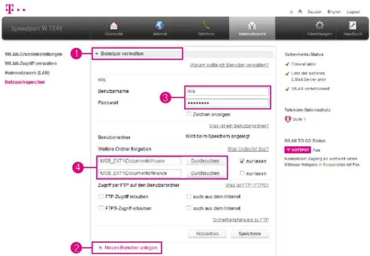 T-Mobile Speedport W 724V - Benutzer für Netzwerkspeicher verwalten - 1