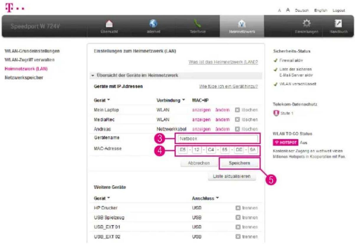 T-Mobile Speedport W 724V - Heimnetzwerk (LAN) - Gerät manuell hinzufügen (Fortsetzung) - 1