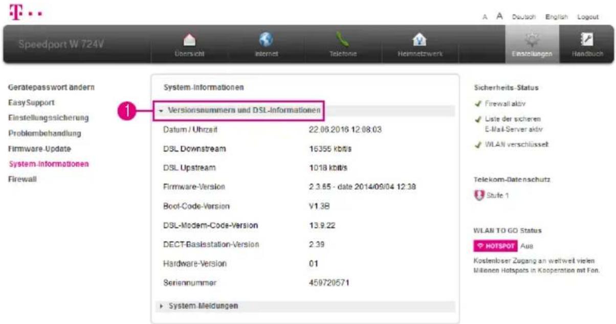 T-Mobile Speedport W 724V - Informationen anzeigen - Version und Verbindung - 1