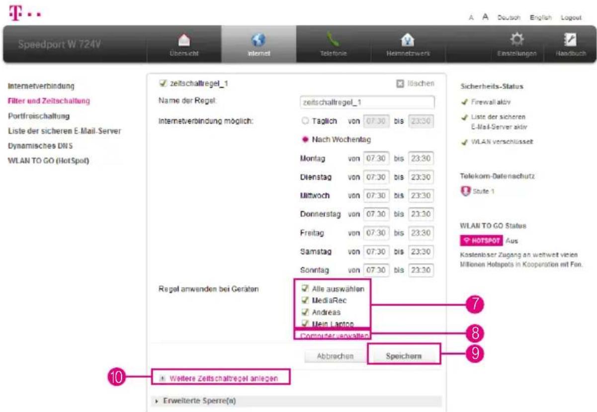 T-Mobile Speedport W 724V - Zeitschaltung für WLAN einstellen (Fortsetzung) - 1