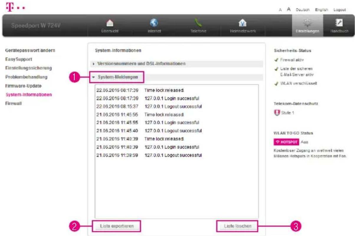 T-Mobile Speedport W 724V - Informationen anzeigen - System-Meldungen - 1