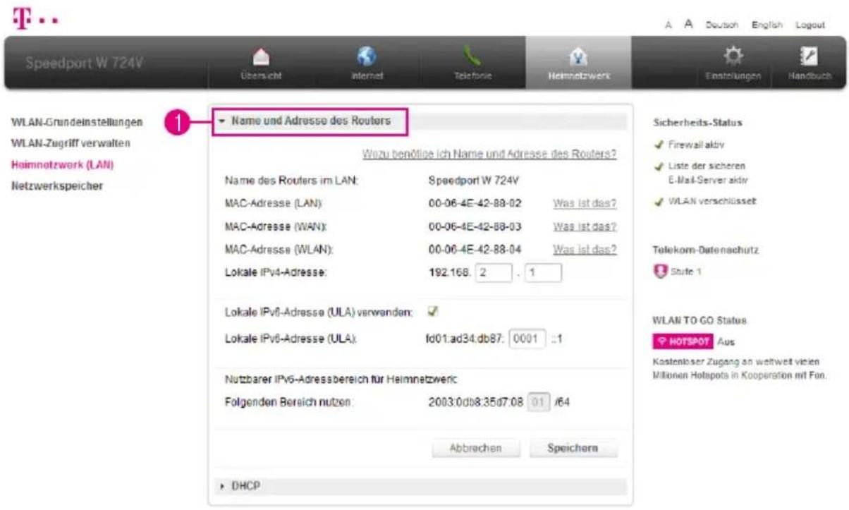 T-Mobile Speedport W 724V - Heimnetzwerk (LAN) - Name und Adresse des Routers - 1