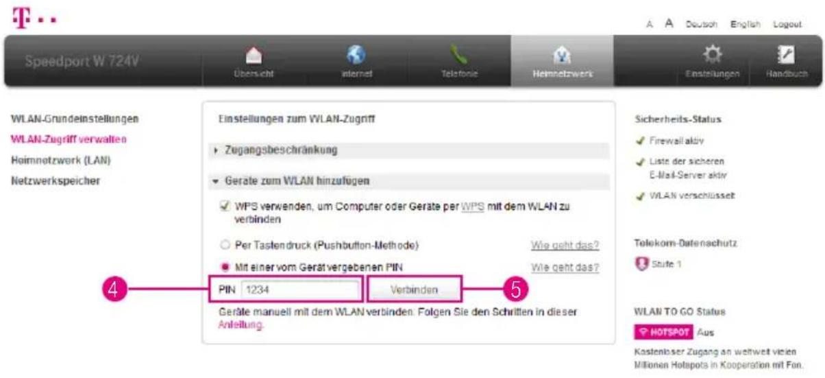 T-Mobile Speedport W 724V - WLAN-Geräte über WPS verbinden - PIN-Methode (Fortsetzung) - 1