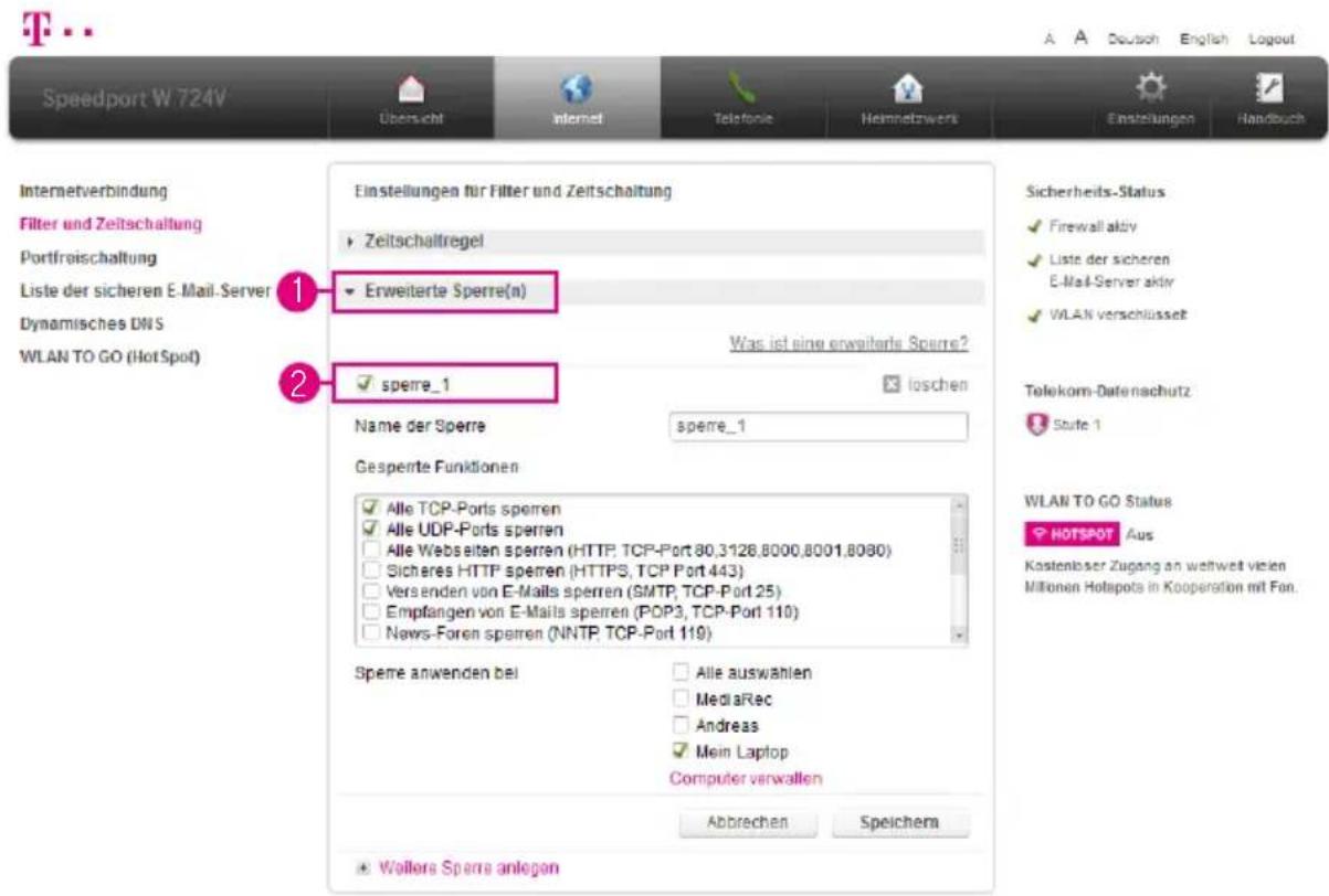 T-Mobile Speedport W 724V - Einzelne Internetfunktionen sperren - 1