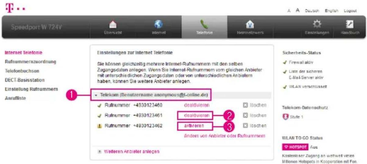 T-Mobile Speedport W 724V - Rufnummern aktivieren oder deaktivieren - 1