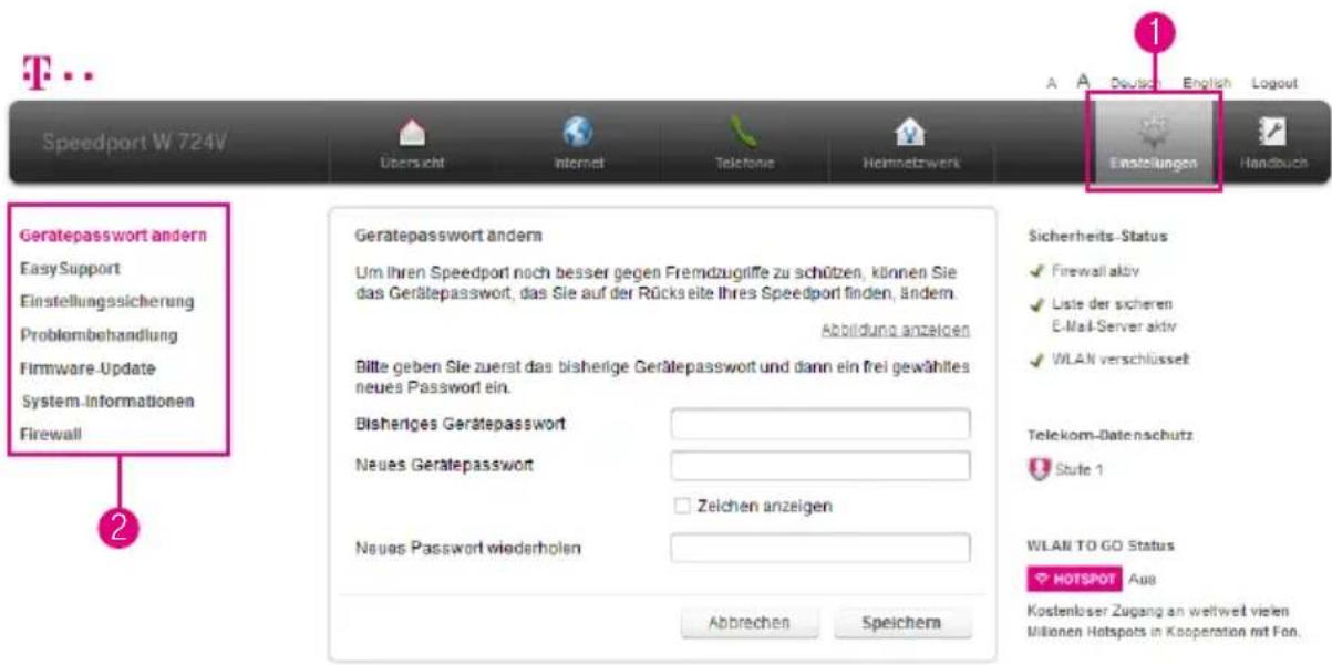 T-Mobile Speedport W 724V - Einstellungen in verschiedenen Bereichen - 1