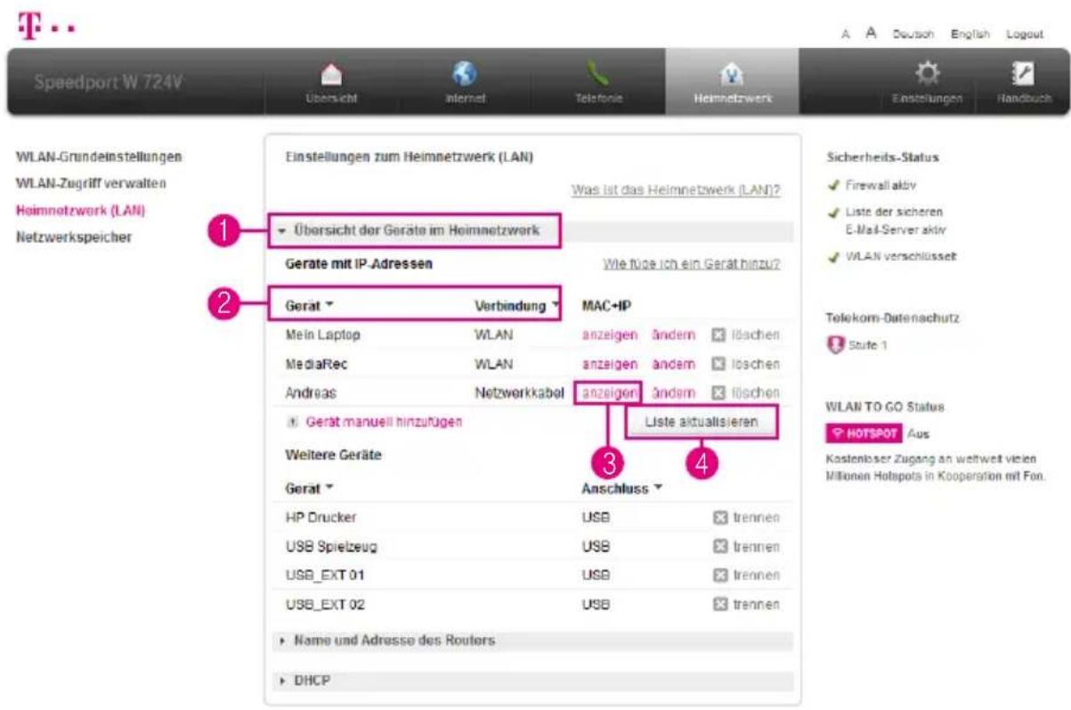 T-Mobile Speedport W 724V - Heimnetzwerk (LAN) - Übersicht der Geräte - 1