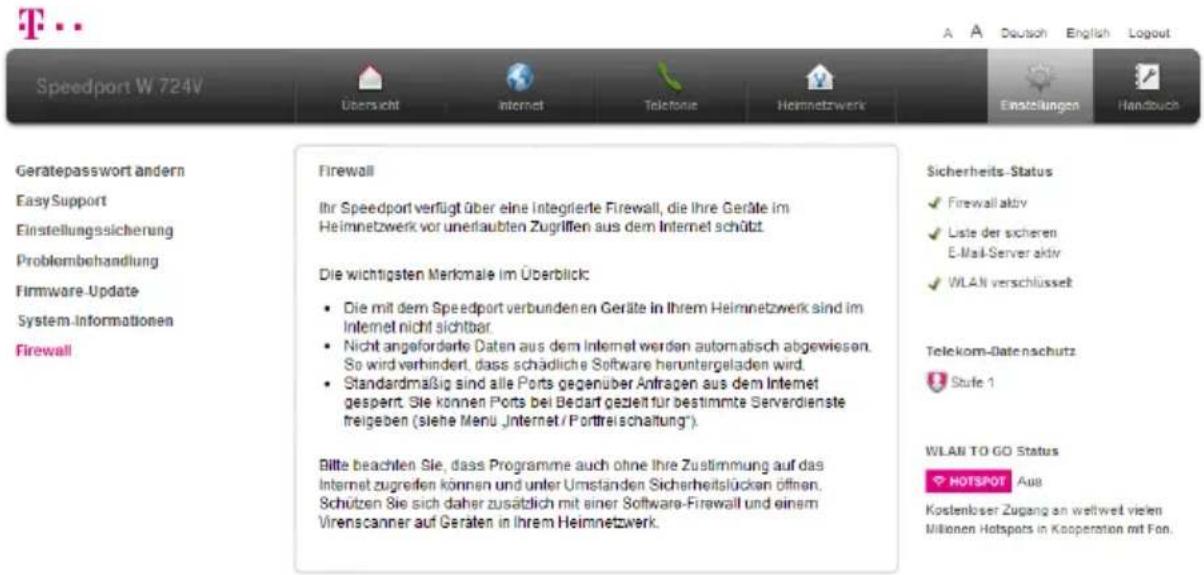 T-Mobile Speedport W 724V - Schutzfunktionen (Firewall) - 1