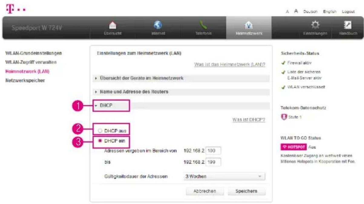 T-Mobile Speedport W 724V - Heimnetzwerk (LAN) - DHCP konfigurieren - 1