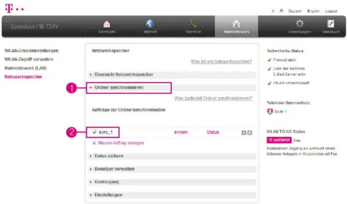 T-Mobile Speedport W 724V - Ordnersynchronisation ein- / ausschalten - 1