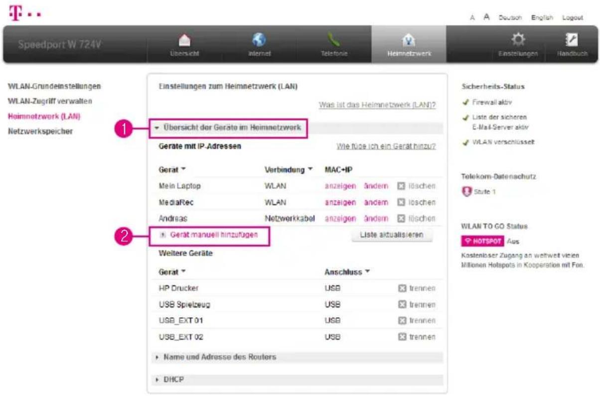T-Mobile Speedport W 724V - Heimnetzwerk (LAN) - Gerät manuell hinzufügen - 1
