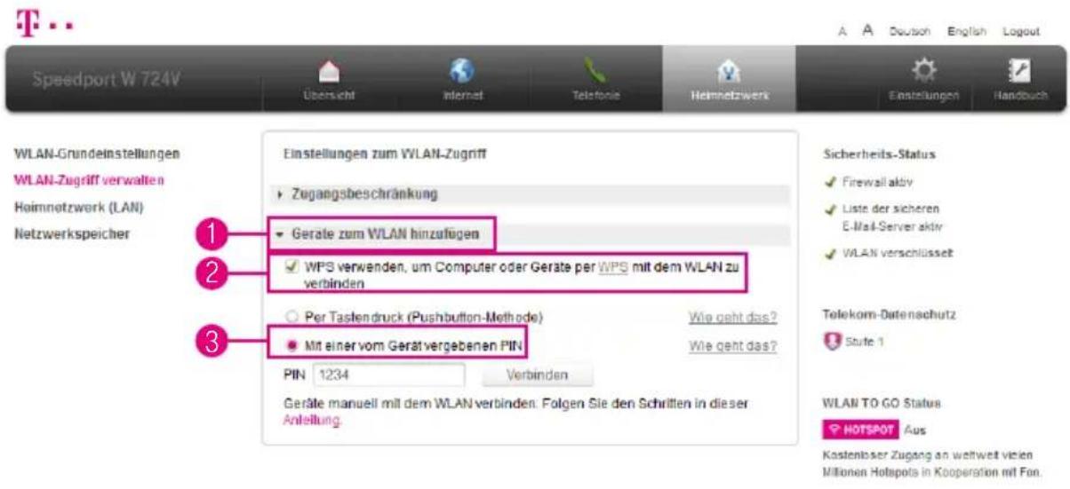 T-Mobile Speedport W 724V - WLAN-Geräte über WPS verbinden - PIN-Methode - 1