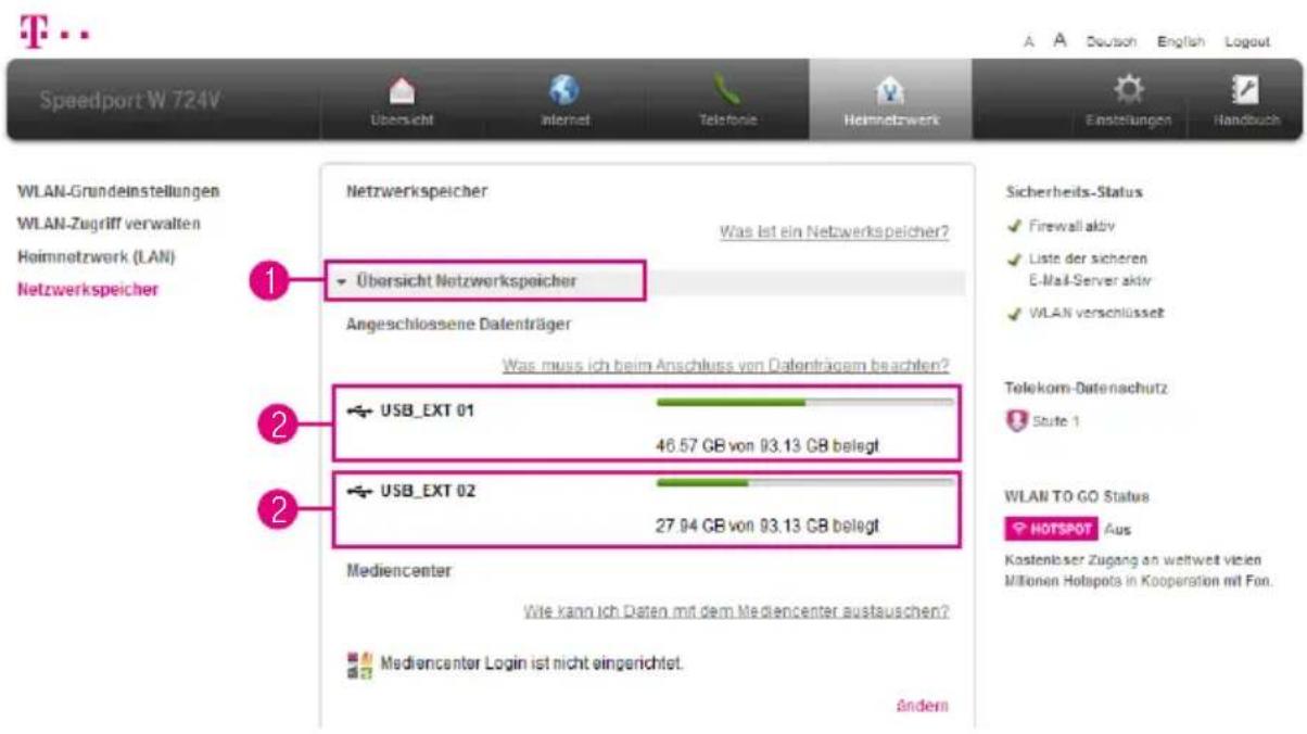 T-Mobile Speedport W 724V - Übersicht Netzwerkspeicher (Fortsetzung) - 1