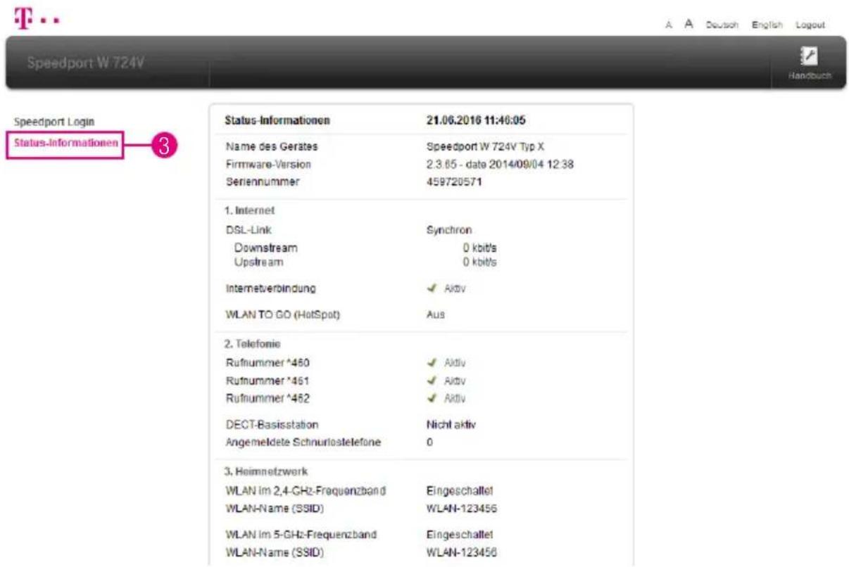 T-Mobile Speedport W 724V - Übersicht der Status-Informationen - 1