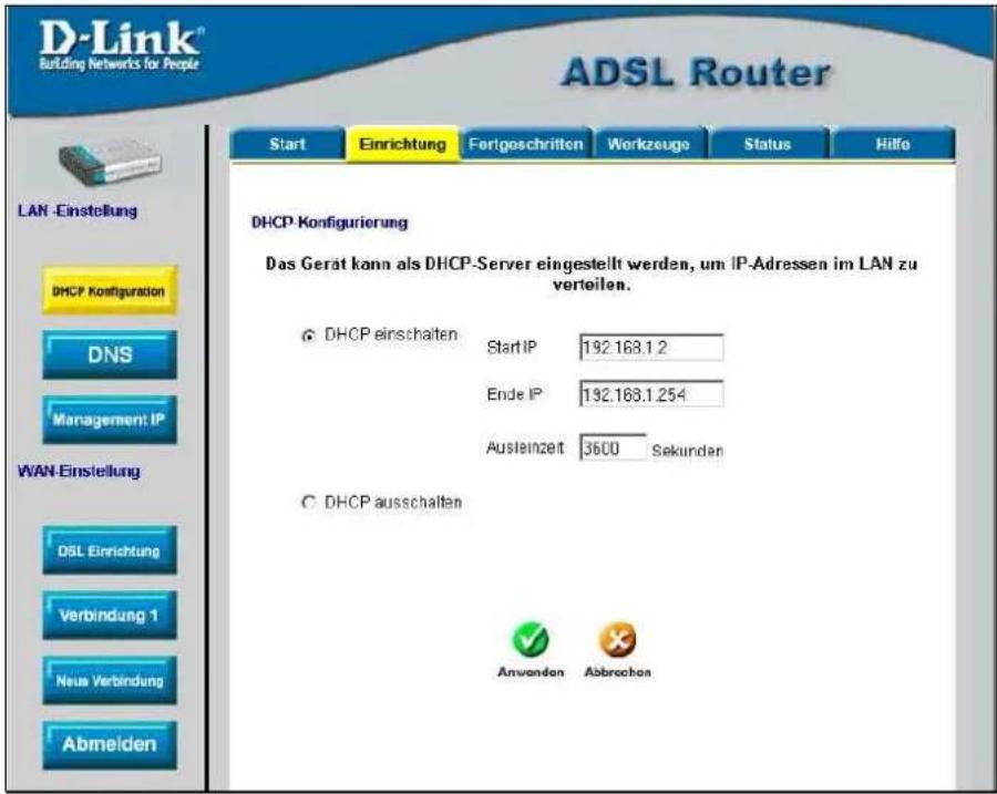 D-Link® Building Networks for People ADSL Router Start Einrichtung FortgeschrittenWorkzugs Status Hilfo LAN -Einstellung DHCP Konfigurierung Das Gerät kann als DHCP-Server eingestellt werden, um IP-Adressen im LAN zu verteilen. DHCP einschalten Start IP 192.168.1.2 Ende IP 192.168.1.254 Ausleinzelt 3600 Sekunden DHCP ausschalten Anwenden Abbrechen