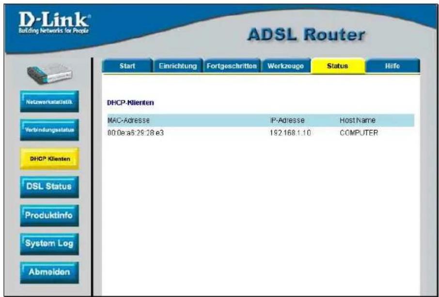 D-Link® Building Networks for People ADSL Router Start Einrichtung Fortgeschritten Workzeuge Status Hilfe DHCP-Klienten MAC-Adresse IP-Adresse HostName 00:0e a6:29:28 e3 192.168.1.10 COMPUTER Netzwertstafistik Verbindungsgesstatus DHCP Klienten DSL Status Produktinfo System Log Abmelden