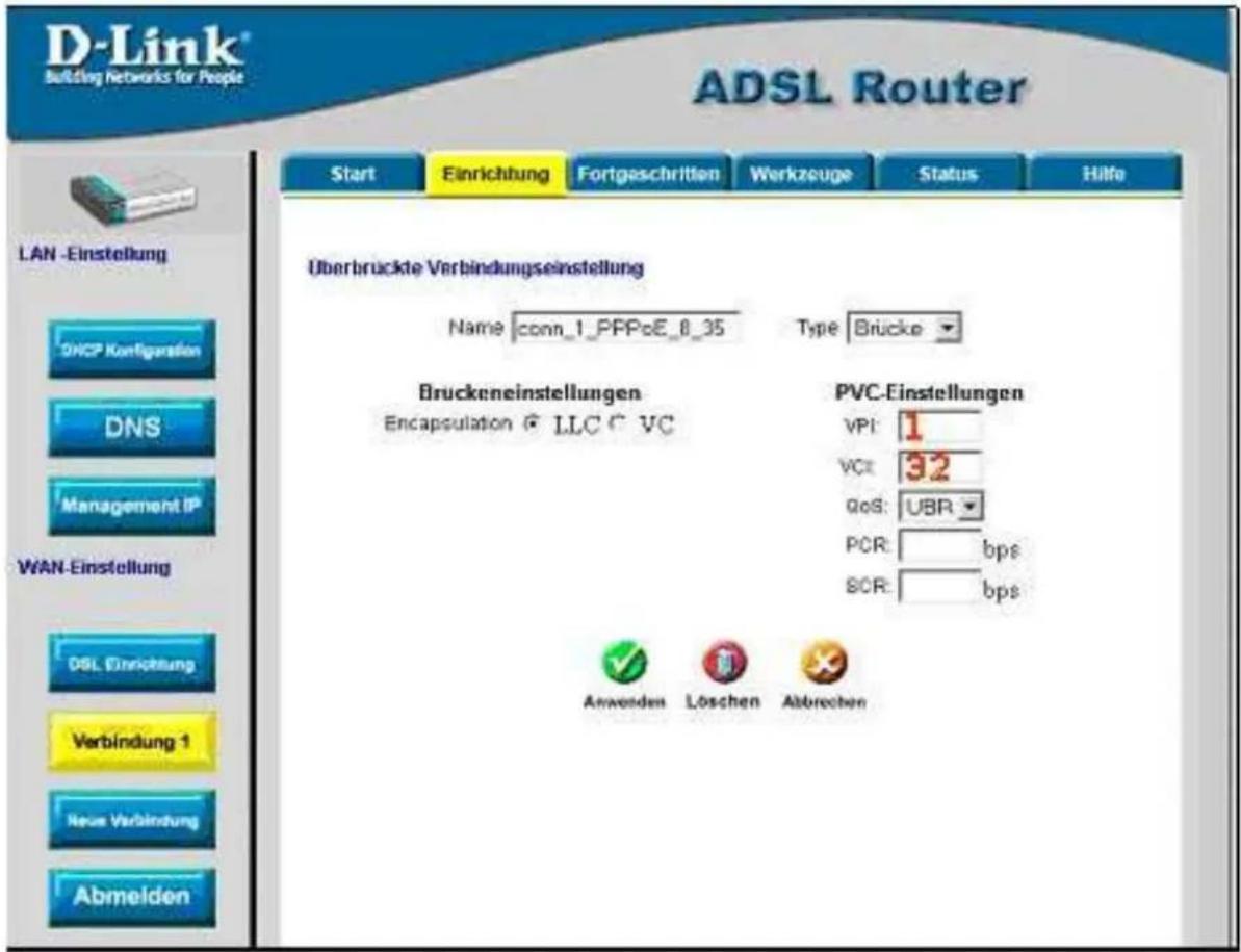 D-Link® Building Networks for People ADSL Router Start Einrichtung Fortgeschritten Werkzeuge Status Hilfe LAN -Einstellung DHCP Konfiguration DNS Management IP WAN-Einstellung DSL Einrichtung Verbindung 1 News Verbindung Abmelden Überbrückte Verbindungseinstellung Name conn_1_PPPoE_8_35 Type Brücke Bruckeneinstellungen Encapsulation LLC VC PVC-Einstellungen VPI: 1 VCt: 32 QoS: UBR PCR: bps SCR: bps Anwenden Löschen Abbrechen