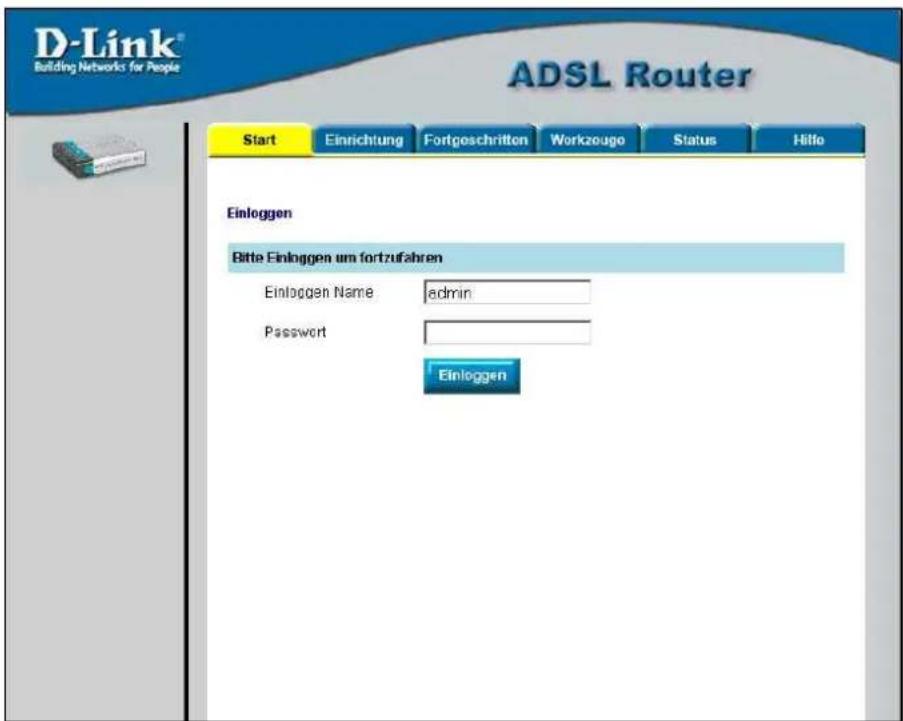D-Link® Building Networks for People ADSL Router Start Einrichtung Fortgeschritten Workzouge Status Hillo Einloggen Bitte Einloggen um fortzufahren Einloggen Name adults Password Einloggen