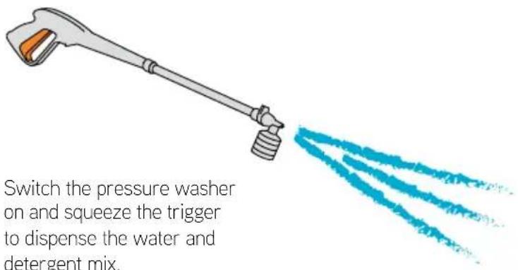 Switch the pressure washer on and squeeze the trigger to dispense the water and detergent mix.