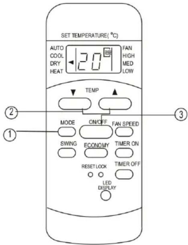 SET TEMPERATURE(°C) AUTO COOL DRY HEAT 20 FAN HIGH MED LOW TEMP MODE ON/OFF FAN SPEED SWING ECONOMY TIMER ON RESET LOCK TIMER OFF LED DISPLAY ② ① ③