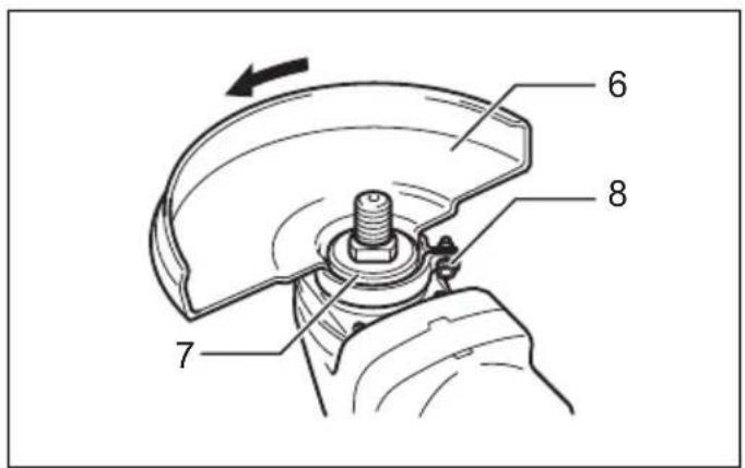 Technical diagram of a mechanical component with numbered parts and directional arrow indicating rotation or movement