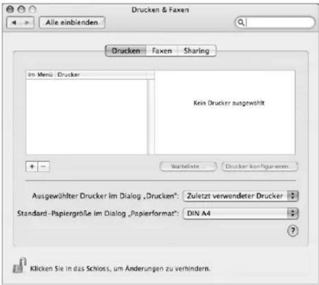 Drucken & Faxen Alle einblenden Drucken Faxen Sharing Im Menü Drucker Kein Drucker ausgewählt + - Warteliste... Drucker konfigueraum... Ausgewählter Drucker im Dialog „Drucken“: Zuletzt verwendeter Drucker Standard-Papiergröße im Dialog „Papierformat“: DIN A4 ? Klicken Sie in das Schloss, um Änderungen zu verhindern.