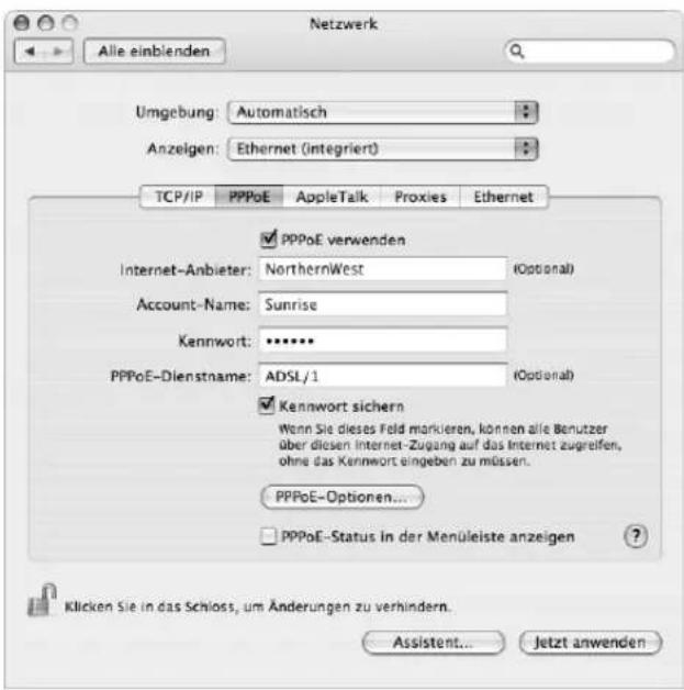 Netzwerk Alle einblenden Umgebung: Automatisch Anzeigen: Ethernet (integriert) TCP/IP PPPoE AppleTalk Proxies Ethernet ✓ PPPoE verwenden Internet-Anbieter: NorthernWest (Optional) Account-Name: Sunrise Kennwort: •••••• PPPoE-Dienstname: ADSL/1 (Optional) ✓ Kennwort sichern Wenn Sie dieses Feld markieren, können alle Benutzer über diesen Internet-Zugang auf das Internet zugreifen, ohne das Kennwort eingeben zu müssen. PPPoE-Optionen... ✓ PPPoE-Status in der Menüleiste anzeigen Klicken Sie in das Schloss, um Änderungen zu verhindern. Assistant... Jetzt anwenden