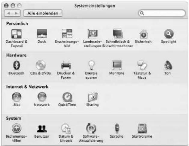Systemeinstellungen Alle einblenden Persönlich Dashboard & Exposé Dock Erscheinungs- bild Landesein- stellungen Bildschirmachoner Schreiblöch & Sicherheit Spotlight Hardware Bluetooth CDs & DVDs Drücken & Faxen Energie sparen Monitore Tastatur & Maus Ton Internet & Netzwerk .Mac Netzwerk QuickTime Sharing System Bedienungs- hilfen Benutzer Datum & Uhrzeit Software- Aktualisierung Sprache Startvolume