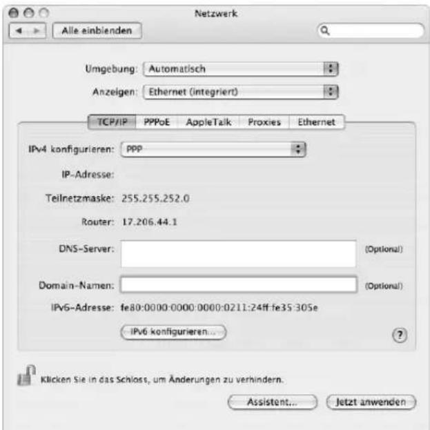 Netzwerk Alle einblenden Umgebung: Automatisch Anzeigen: Ethernet (integriert) TCP/IP PPPoE AppleTalk Proxies Ethernet IPv4 konfigurieren: PPP IP-Adresse: Teilnetzmaske: 255.255.252.0 Router: 17.206.44.1 DNS-Server: (Optional) Domain-Namen: (Optional) IPv6-Adresse: fe80:0000:0000:0000:0211:24ff:fe35:305e IPv6 konfigurieren... Klicken Sie in das Schloss, um Änderungen zu verhindern. Assistant... Jetzt anwenden