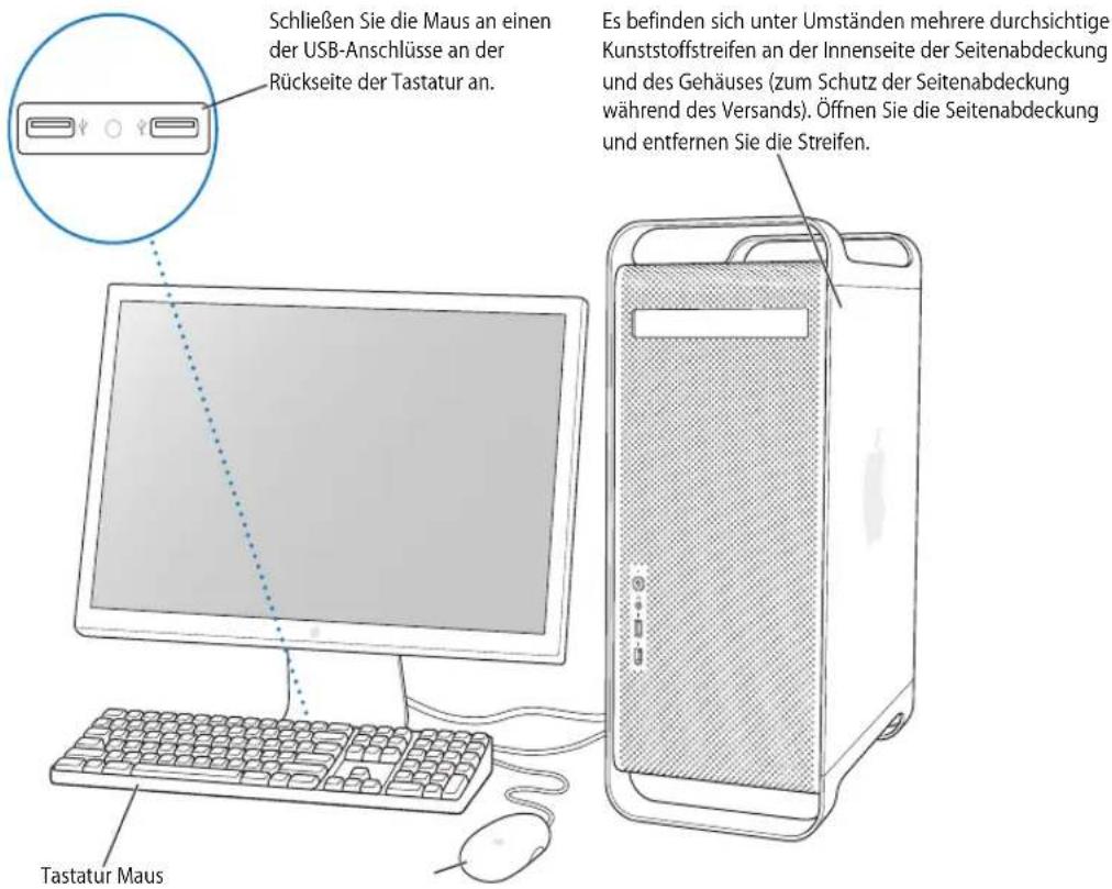 Schließen Sie die Maus an einen der USB-Anschlüsse an der Rückseite der Tastatur an. Es befinden sich unter Umständen mehrere durchsichtige Kunststoffstreifen an der Innenseite der Seitenabdeckung und des Gehäuses (zum Schutz der Seitenabdeckung während des Versands). Öffnen Sie die Seitenabdeckung und entfernen Sie die Streifen. Tastatur Maus