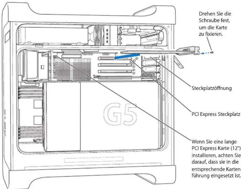 Drehen Sie die Schraube fest, um die Karte zu fixieren. Steckplatzöffnung PCI Express Steckplatz Wenn Sie eine lange PCI Express Karte (12") installieren, achten Sie darauf, dass sie in die entsprechende Kartenführung eingesetzt ist.