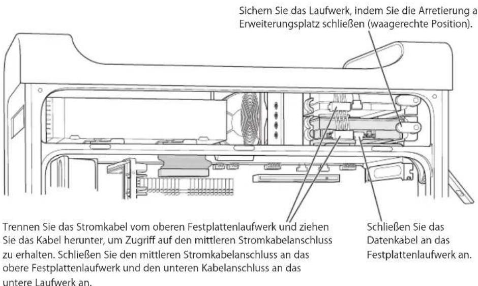 Sichern Sie das Laufwerk, indem Sie die Arretierung an Erweiterungsplatz schließen (waagerechte Position). Trennen Sie das Stromkabel vom oberen Festplattenlaufwerk und ziehen Sie das Kabel herunter, um Zugriff auf den mittleren Stromkabelanschluss zu erhalten. Schließen Sie den mittleren Stromkabelanschluss an das obere Festplattenlaufwerk und den unteren Kabelanschluss an das untere Laufwerk an. Schließen Sie das Datenkabel an das Festplattenlaufwerk an.