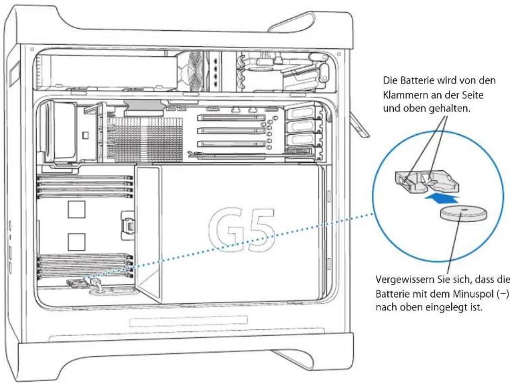 Die Batterie wird von den Klammern an der Seite und oben gehalten. Vergewissern Sie sich, dass die Batterie mit dem Minuspol (–) nach oben eingelegt ist.