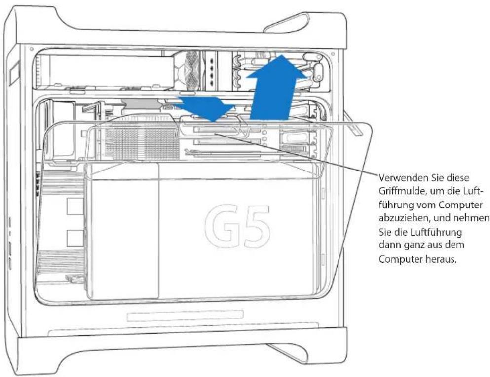 G5 Verwenden Sie diese Griffmulde, um die Luftführung vom Computer abzuziehen, und nehmen Sie die Luftführung dann ganz aus dem Computer heraus.