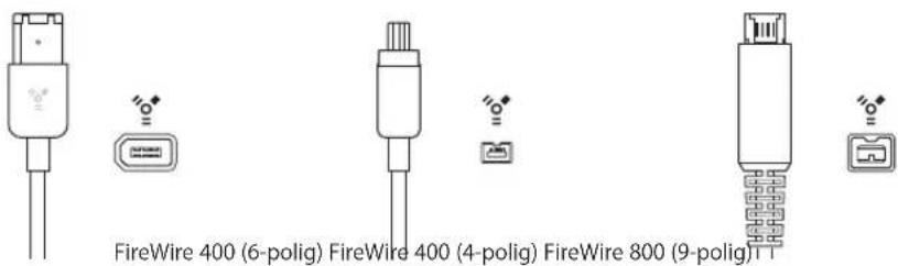 FireWire 400 (6-polig) FireWire 400 (4-polig) FireWire 800 (9-polig)