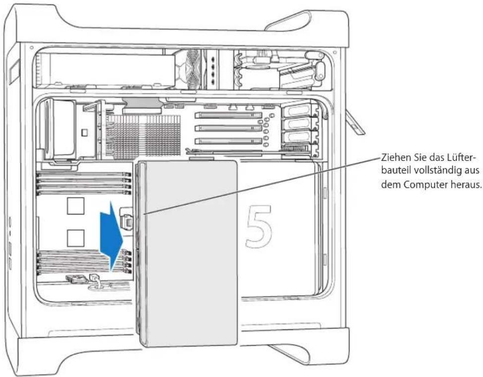 Ziehen Sie das Lüfter- bauteil vollständig aus dem Computer heraus.