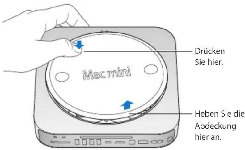 Mac mini Drücken Sie hier. Heben Sie die Abdeckung hier an.