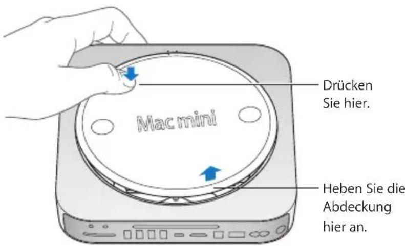 Mac mini Drücken Sie hier. Heben Sie die Abdeckung hier an.