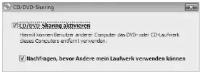 CD/DVD-Sharing ✓ CD/DVD-Sharing aktivieren Hemit können Benutzer anderer Computer des DVD- oder CD-Laufwerk dieses Computers entfernt verwenden. ✓ Nachfragen, bevor Andere mein Laufwerk verwenden können