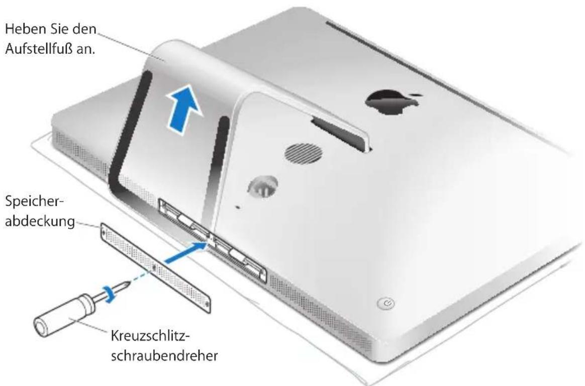 Heben Sie den Aufstellfuß an. Speicher- abdeckung Kreuzschlitz- schraubendreher