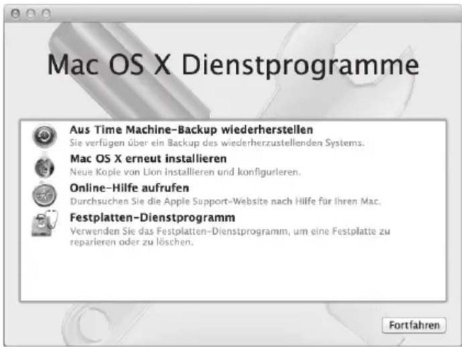 Mac OS X Dienstprogramme Aus Time Machine-Backup wiederherstellen Sie verfügen über ein Backup des wiederherzustellenden Systems. Mac OS X erneut installieren Neue Kopie von Lion installieren und konfigurieren. Online-Hilfe aufrufen Durchsuchen Sie die Apple Support-Website nach Hilfe für Ihren Mac. Festplatten-Dienstprogramm Verwenden Sie das Festplatten-Dienstprogramm, um eine Festplatte zu reparieren oder zu löschen. Fortfahren