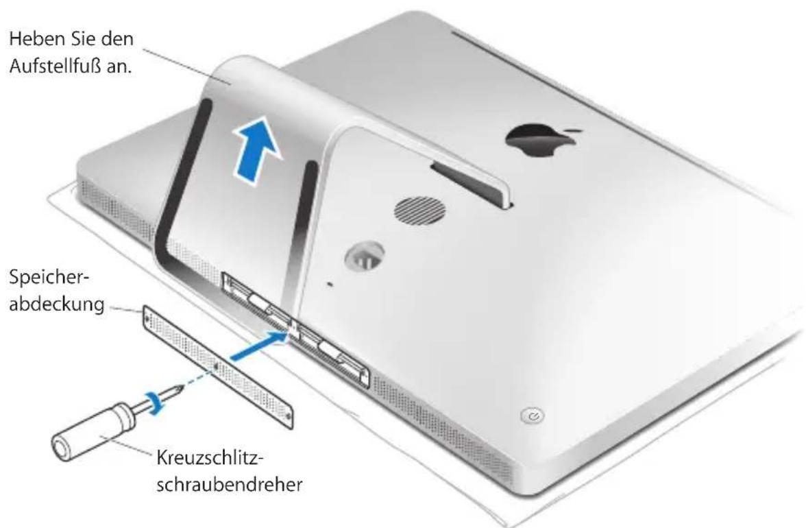 Heben Sie den Aufstellfuß an. Speicher- abdeckung Kreuzschlitz- schraubendreher